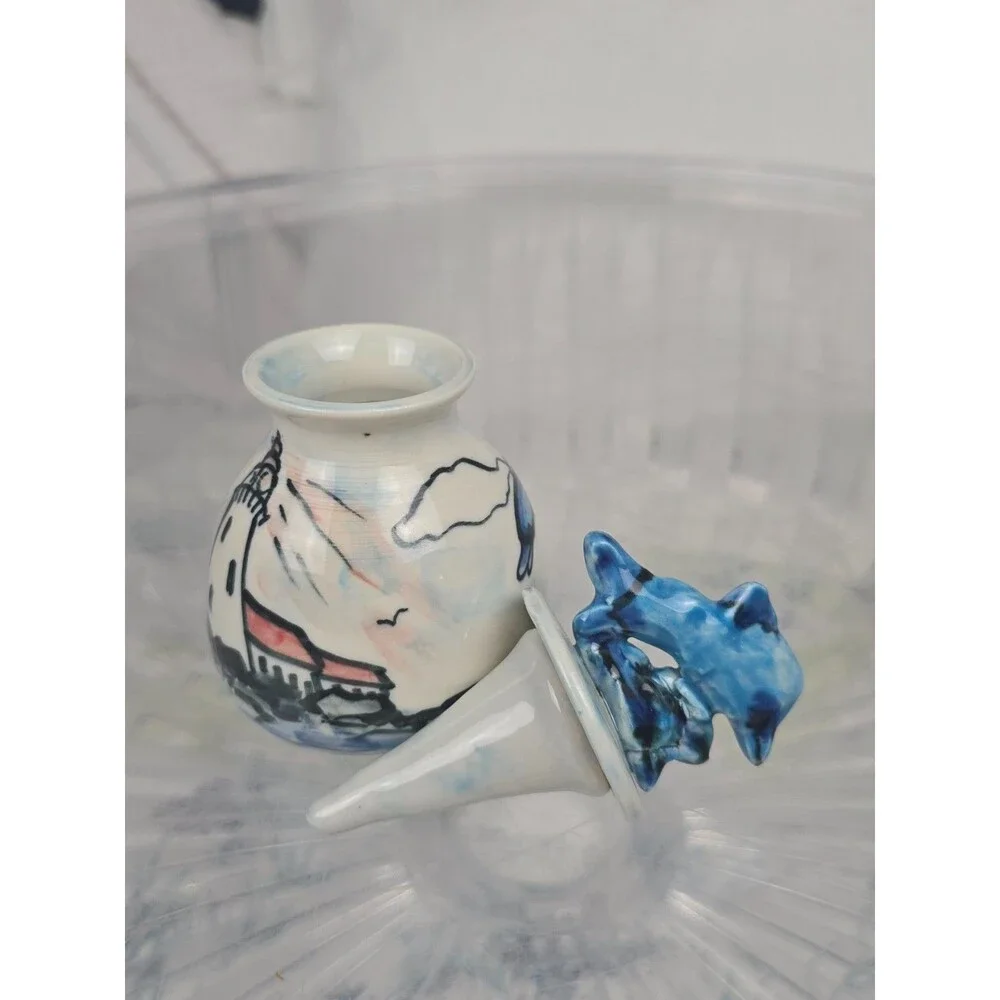 Studio Pottery Dolphins and Lighthouse Lidded Jar Signed 5